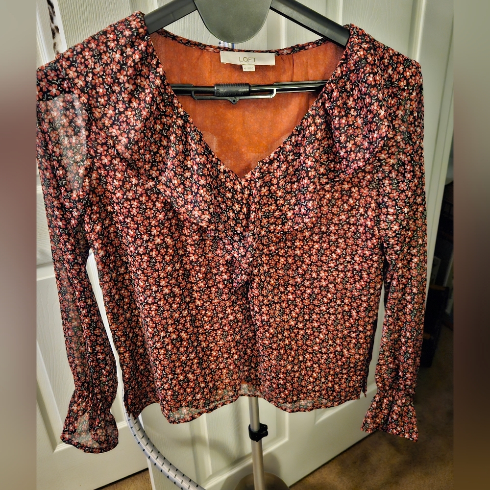 LOFT Women's Floral V-Neck Blouse - Black and Pink